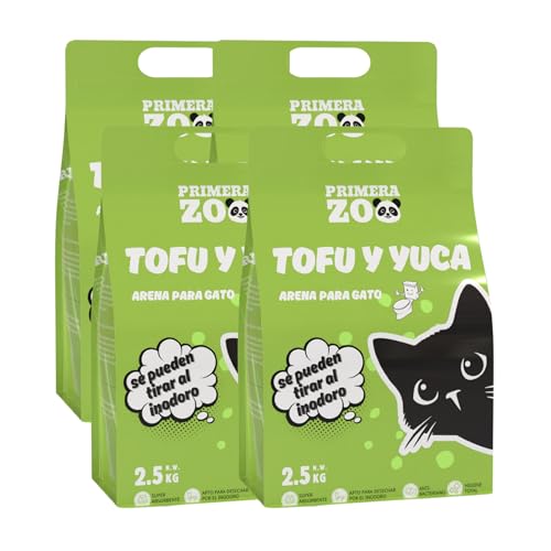 Primerazoo Arena para Gato de Tofu y Yuca, Menos Polvo, Biodegradable, Super Absorbente, Apto para Inodoro, 2.5 kg/Bolsa (4 Bolsa- 10KG/24L)