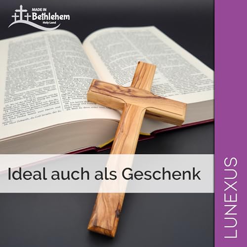 Lunexus Krzyż ścienny z drewna oliwkowego, ręcznie wykonany w Betlejem, 16 x 9 cm, błogosławiony certyfikatem, w zestawie zestaw montażowy krzyż katolicki naturalny chrześcijański drewniany krzyż na