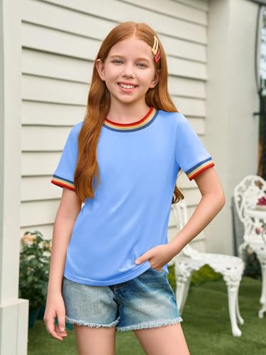 Image of Haloumoning Girls Short Sleeve T-Shirts Summer Rainbow Tops 5-14 Years | Kids Basic Tees, Rainbow Trim Ringer Tees, Crewneck Tops, Casual, Loose Fit