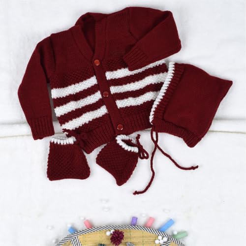 Image of Babies Woolen Sweater for Boys and Girls 6 to 12 Months, Maroon, Long Sleeve, V-Neck, 3 Pcs Set with Cap and Socks