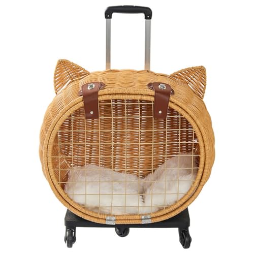 KOGB 猫用ペットケージ、籐製ペットバッグ、キャスター付き、トロリー猫バッグ、中型および大型猫、小型犬、ウサギに適しています、通気性が良く、旅行、オートキャンプ、通院、災害避難に適しています (猫の頭のトロリーケース)