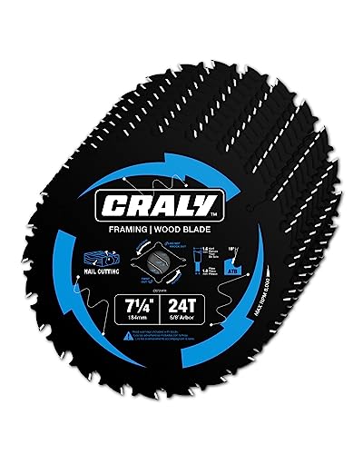 Craly 7-1/4 Inch 24 Teeth Wood Cutting Framing Circular Saw Blade, 5/8 Inch Arbor, Thin Kerf, Black Ice Coating, Diamond Knockout, Professional Carbide Tipped Blade For Plywood, Mdf, Osb, Laminated, 10-Pack(C0724Fr-10) #TOP3