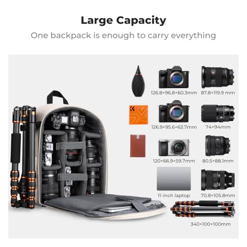 Image of K&F CONCEPT Lightweight Camera Backpack Bag, Professional Photography Bag Compatible with Canon /Nikon /Sony Camera and Lens Accessories, Camera Case with Tripod Strap & Rain Cover Beige