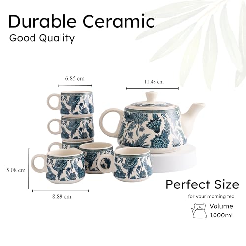 Image of miah decor Handcrafted Ceramic Morning Tea Set - 6 Tea Cups & 1 Kettle | White & Blue Print | Microwave & Dishwasher Safe | Elegant Tea Set for Home, Office & Gifting