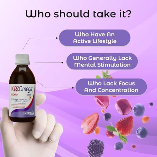Image of HealthAid KidzOmega Syrup - Omega-3 DHA with Vitamins C, D & E | 200ml Mixed Berry Flavor | Supports Brain, Vision & Immune Health | Easy-to-Take Liquid Supplement for Children