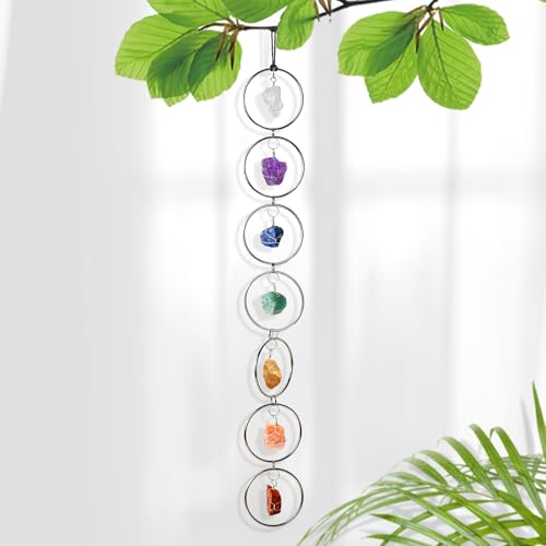 7 Chakra Wall Hanging Decor - Natural Raw Crystal Gemstone for Healing, Chakra Balancing, Meditation Gifts, Indoor Outdoor Spiritual Home Decoration (Silver Round)