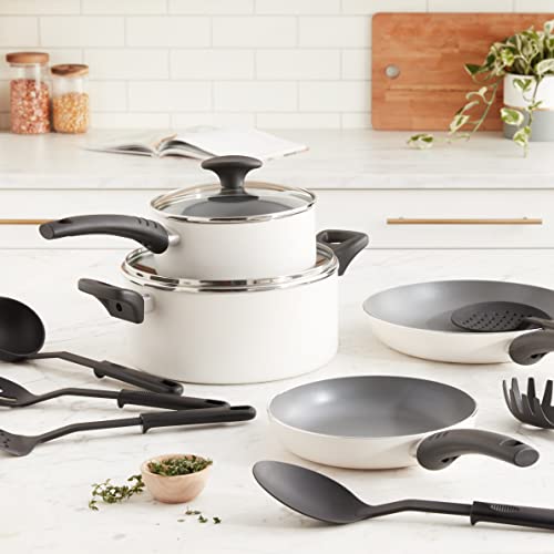 Bella Cookware Set, 12 Piece Pots And Pans With Utensils, Nonstick Scratch Resistant Cooking Surface Compatible With All Stoves, Nylon And Aluminum, Cream #TOP7