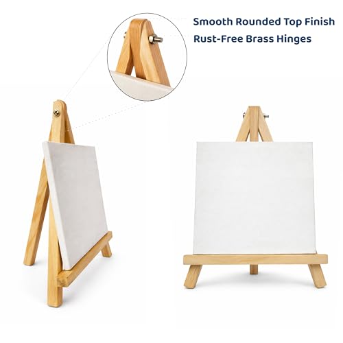 Image of 10 inch Inch Wooden Easel Stand with 6 inch Canvas - Premium Pine Wood Build | Smooth Rounded Top Finish | Rust-Free Brass Hinges | Tabletop Display for Canvas, Photos & Cards (2)