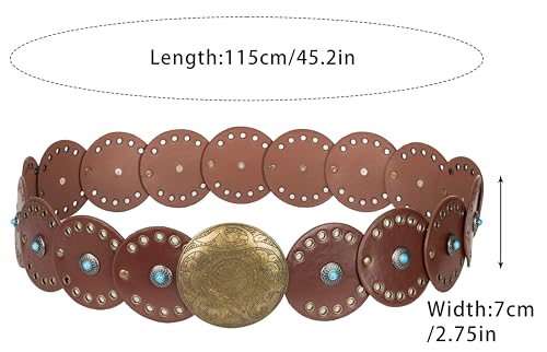 Wide Disc Belt for Women - PU Leather Hollow Out Turquoise Round Belts Vintage Western Cowboy Cowgirl Waist Belt3