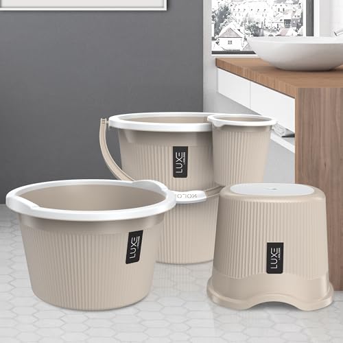 Image of KOLORR Luxe Bathroom Set (Bucket 20L x 1) + (Mug 1.5L x 1) + (Luxe Patla x 1) + (20L Tub x 1)|Sturdy and Durable |Lightweight| Easy to Clean and Attractive Design|Pack of 4| Sand Stone