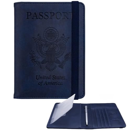 Image of WALNEW Passport Holder for Travel, RFID Passport Cover Wallet for Women Men, PU Leather Passport Book Card Holder Case with Pen (Upgraded, Upgraded-Navy Blue)