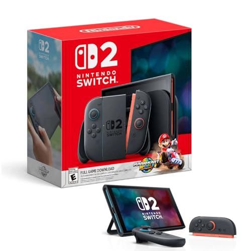 Nintendo Switch 2 + Mario Kart World Bundle, 7.9' HDR10 Touchscreen 120Hz Display, 256GB Storage, Next-Gen Joy-Con 2 Mario Edition, Controllers with Enhanced Motion Sensors, Black