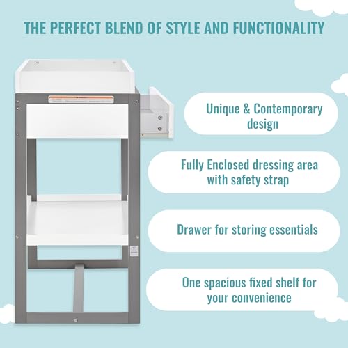 Image of Dream On Me Arlo Changing Table with Pad & Safety Strap - Steel Grey | Solid New Zealand Pinewood, Non-Toxic Finish, Spacious Fixed Storage Shelf for Diapers, Water-Resistant 1 inch Pad