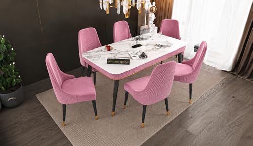 Image of WOODEN SPACE 6-Seater Wooden Dining Table Set | Nano Composite Marble Top | Solid Wood Base | Modern Dining Room Furniture with 6 Chairs (Pink Modern Vento)
