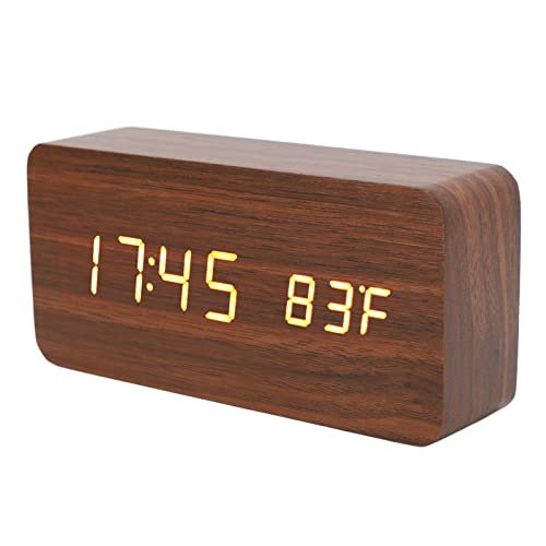 Haofy Pantalla de Madera LED del Despertador Digital Electrónico para el Escritorio, Sensor de Humedad a una Temperatura Amplia, 3 Niveles de Brillo, Control del Idioma, Función de