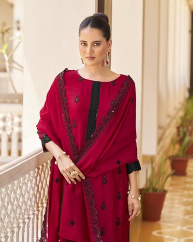 Image of Shaily Premium Silk Blend Embroidered Tailored Kurta with Pants and Dupatta Set | Ethnic Set | 3-Piece Suit Set | Haldi and Wedding Suit Set for Women