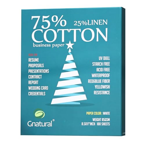 Gnatural 75% Cotton 25% Linen Inkjet Printing Paper, 8.5x11 inches, 85gsm, 100 Sheets, White