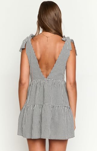 Image of Women Tie Shoulder Mini Dress Floral Ruffle Babydoll Dress Boho Square Neck Sundress Cute Summer Dresses