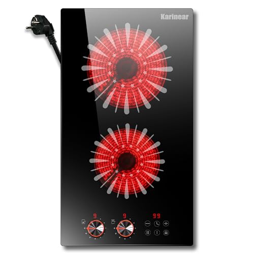 Karinear Placa vitrocerámica 2 fuegos portatil, 60 cm, Encastrada, Con control táctil y botón temporizador, Bloqueo niños, Pausa, 220 V - 240 V, 3000 W, Con enchufe