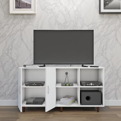 Image of VIKI Modern TV Unit for Living Room | Engineered Wood TV Cabinet with 2 Door Storage & 2 Open Shelves, Set Top Box Stand, Entertainment Unit, 140W x 74H x 40D cm | DIY | 1 Year Warranty (White)