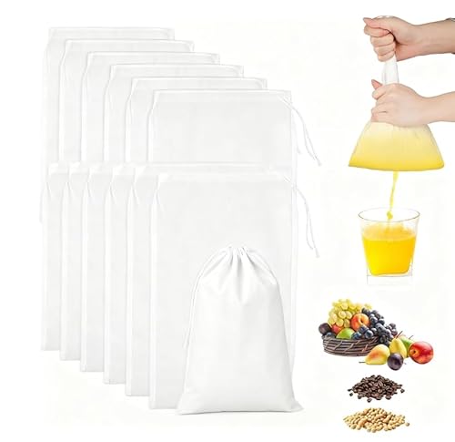 FAINCA 10 Pezzi Garza Alimentare, 20 * 30cm Sacchi Filtranti per Latte a Maglia Fine, Sacchetti per Latte di Noci, Sacchetto Filtro a Maglia Fine, per Filtrare Succhi, Caffè, Rinfusione a Freddo
