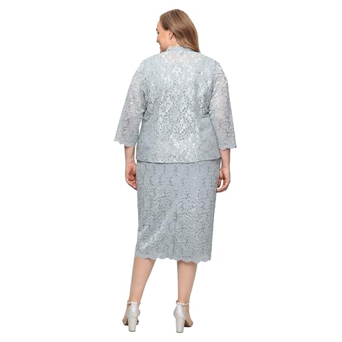 Image of S.L. Fashions Women's Tea Length Sequin Lace Mother of The Bride Dress with Illusion Sleeve Jacket
