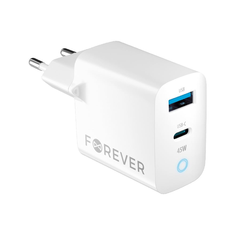Forever Caricatore rapido GaN PD QC 1 X USB, 1 X USB-C 45 W per tutti i telefoni cellulari iPhone Xiaomi Huawei Motorola Samsung 3A alta qualità, smartphone, sigaretta elettrica, smartwatch, iPad