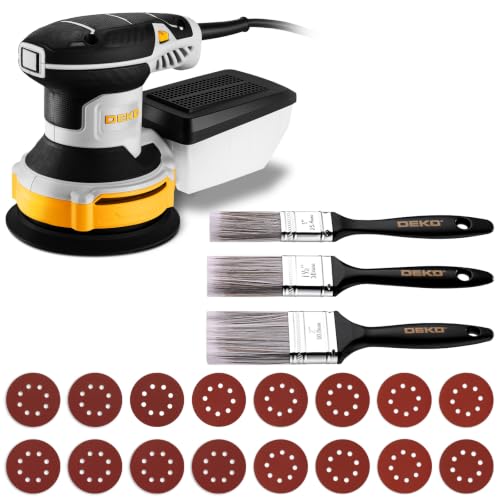 DEKOPRO Lijadora Orbital 300W, 6 ajustes de velocidad, 14000 rpm, adecuada para lijadoras eléctricas de madera, equipada con 16 hojas de lijado y 3 cepillos(Amarillo-gris)