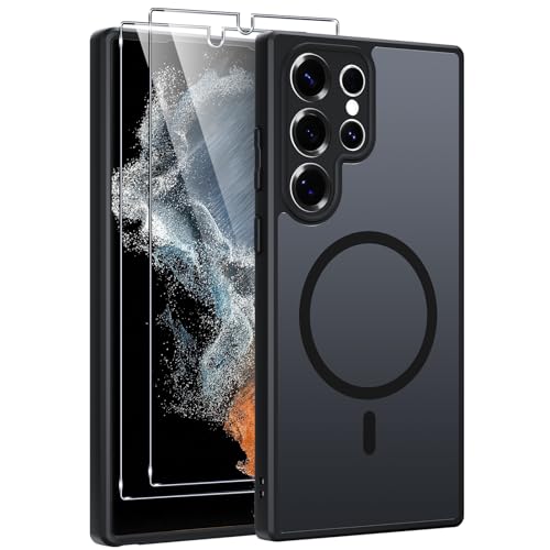 Magnetic Phone Case for Samsung Galaxy S22 Ultra Case with 2 Tempered Glass Screen Protector Fit for MagSafe Military-Grade Protection Shockproof Translucent Matte Back Slim Shockproof Cover