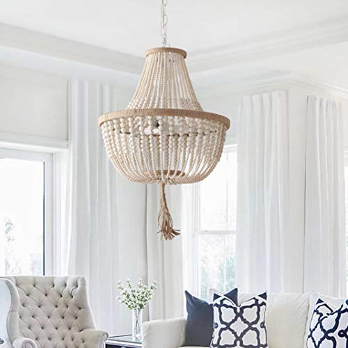 SAFAVIEH Lighting Collection Lush Kristi Boho Farmhouse Cream 17-inch Diameter 3-light Beaded Adjustable Hanging Pendant Light Fixture with Tassel (LED Bulbs Included) - Image 6