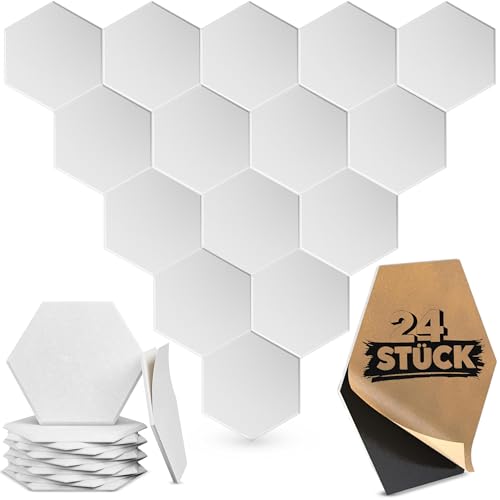 MatoSan® Lote de 24 paneles acústicos hexagonales autoadhesivos - Blanco - Paneles acústicos decorativos y de insonorización - Absorción y aislamiento acústico - Pared y techo - 30 x 26 x 0,9 cm
