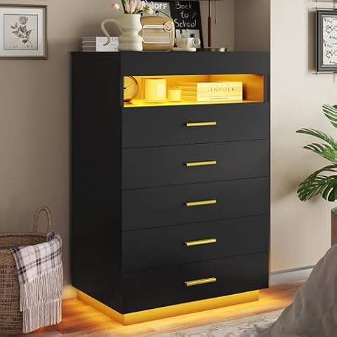 BTHFST Black Dresser with LED Lights, Floating Tall Dresser with 5 Large Drawers & Open Storage Space & Pull Out Tray, 5 Drawer Dresser Wood, Chest of Drawers for Bedroom, Living Room Cover