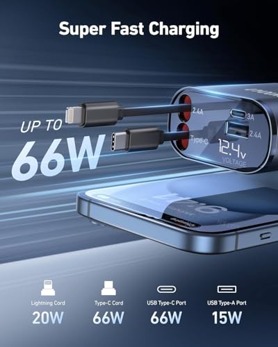 Image of HopePow 120 Watt Retractable, 4 in 1 Super Fast Charge Phone Car Charger,Retractable Cables (31.5 inch) and 2 USB Ports Adapter for iPhone 15 /14 /13 /12 Pro Max XR
