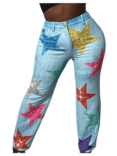 Floerns Women's High Waist Denim Straight Leg Clubwear Star Print Fake Jeans