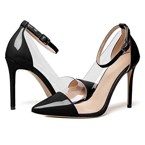 Soireelady Women's Clear Pumps Pointed Toe Ankle Buckle Stiletto Heel Dressy Wedding Shoes 4Inch4