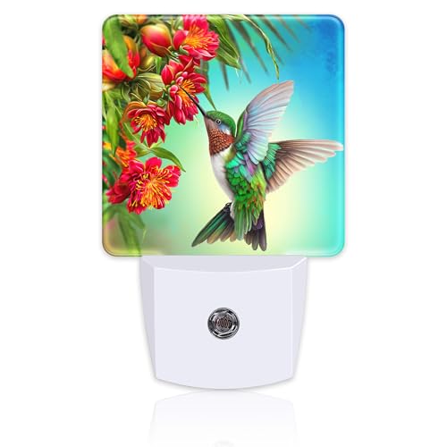 Image of Hummingbird with Flowers Night Light for Kids,Red Tropical Floral Leaves Hummingbird Night Light Plug in with Dusk to Dawn Sensor,0.5w Energy Saving Nightlight for Hallway Stairway Kitchen Bedroom