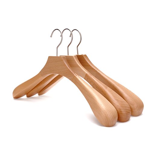 JS HANGER Sturdy Wide Shoulder Wooden Coat Hangers with Anti-rust Hook, Natural Finish, 3 Pack
