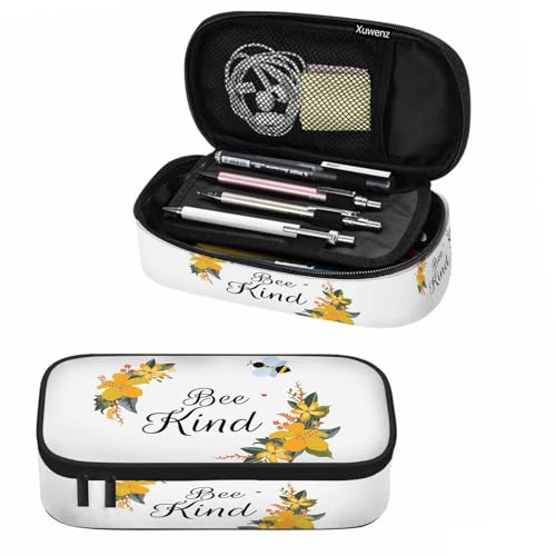 Image of Bee Pencil Case Cute Bee Kind Yellow Flower Bunches Pencil Bag Pen Markers Pouch Holder Organizer for Boy Girl School Students