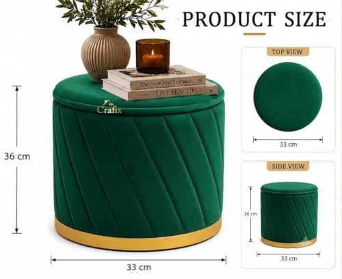 Image of Luxury Velvet Ottoman Stool for Living Room & Bedroom | Premium Round Pouffe with Gold Metal Base | Modern Footrest, Extra Seating & Home Decor (Green)