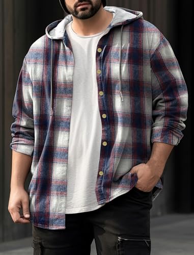 Image of Flannel Hoodie for Men Plaid Flannels Shirts Long Sleeve Lightweight Jacket Casual Button Down Shirt Size 4XL to 9XL