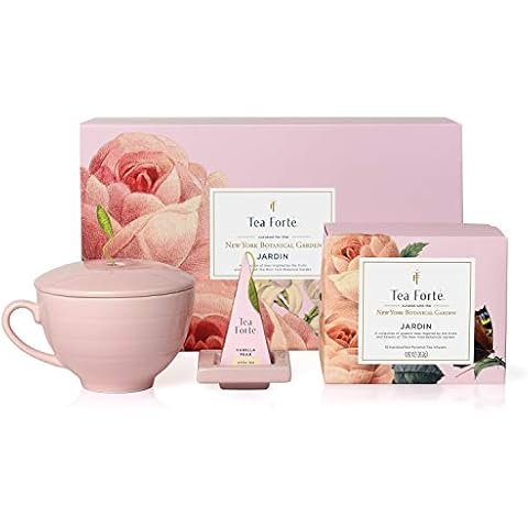 Tea Forte Jardin 3-Piece Tea Gift Set with Pink Cafe Cup with Lid, Tea Tray and 10 Assorted 2 of Each Variety Organic Handcrafted Pyramid Infuser Tea Bags Cover