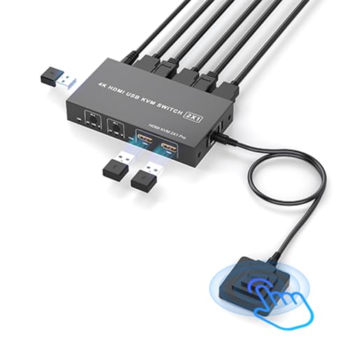 Image of HDMI KVM Switch 1 Monitor 2 Computers, Aluminum with 3 USB 2.0 Ports 4K@60Hz KVM Switches for 2 Computers Sharing One Monitor Keyboard Mouse Printer with 2 USB Cables,Power adapters, Controller