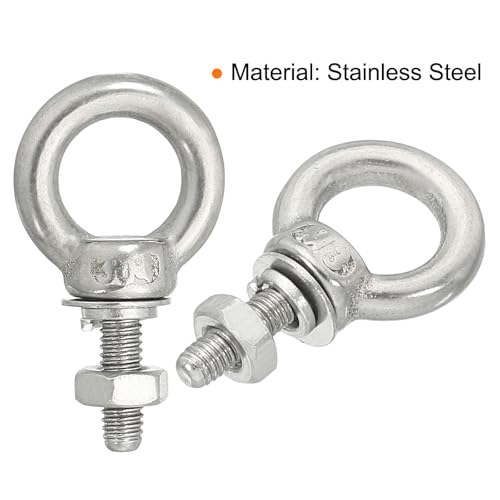 Image of uxcell M3*9 1 /8 inchx0.35 inch Stainless Steel Eye Bolts Threaded Screw Eyebolt Shoulder Ring with Nuts Washers for Lifting Hanging, 2 Set
