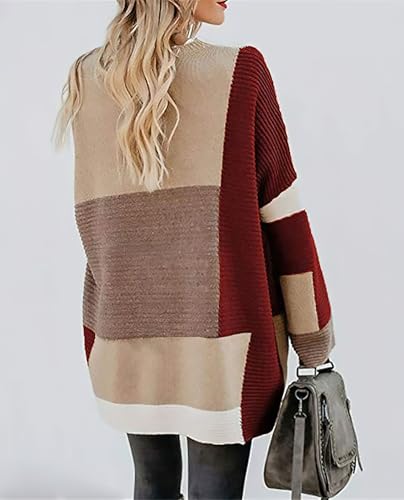 Image of chouyatou Women's Fall Geometric Color Block Open Front Cardigan Sweater Elegant Casual Oversized Coatigan Coat