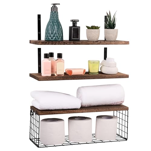 BELLE VOUS Pack de 3 Estante Flotante Marrón - 42 cm de Largo - Balda Flotante de Pared con Estilo Rústico con Cesta - Entrepaños de Madera para Dormitorio, Sala de Estar, Cocina, Baño u Oficina