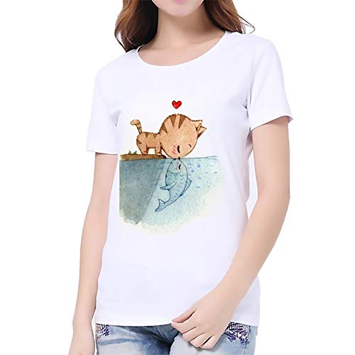 3nh 1Pc Women T-Shirt Short-Sleeve Top-Mode Cheap Clothes Cat-Print Round-Neck Size: 3X-Large; Material: Cotton