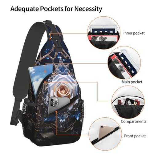 Crystal White Rose Patterned multifunctional crossbody chest bag, suitable for casual hiking, unisex, convenient travel backpack3