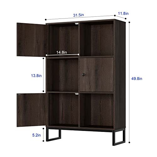 Bookshelf And Bookcase With Doors, Industrial Wooden 4-Tier Storage Cabinets, Tall Display Shelf Units, Bookshelf For Living Room Home Office, Dark Brown #TOP1