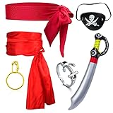 Yewong Captain Pirate Costume Accessory Set Red Head Tie Bandana Pirate Sash Eye Patch Earring...