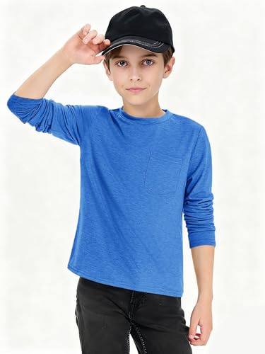 Image of Boys Long Sleeve Shirt Crewneck Solid Color Casual Top with Chest Pocket for Kids 5-14 Years